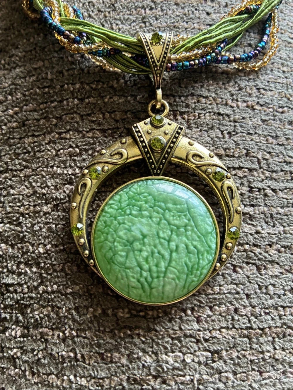Green Multi-Strand Beaded Necklace with Antique Gold Pendant - Unbranded